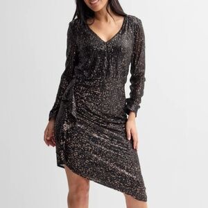 London Times Sequin Asymmetrical Hem Faux Wrap Midi Dress